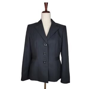 Le Suit Black Textured Stripe Tailored 3-Button Nipped Waist Blazer - Size 6